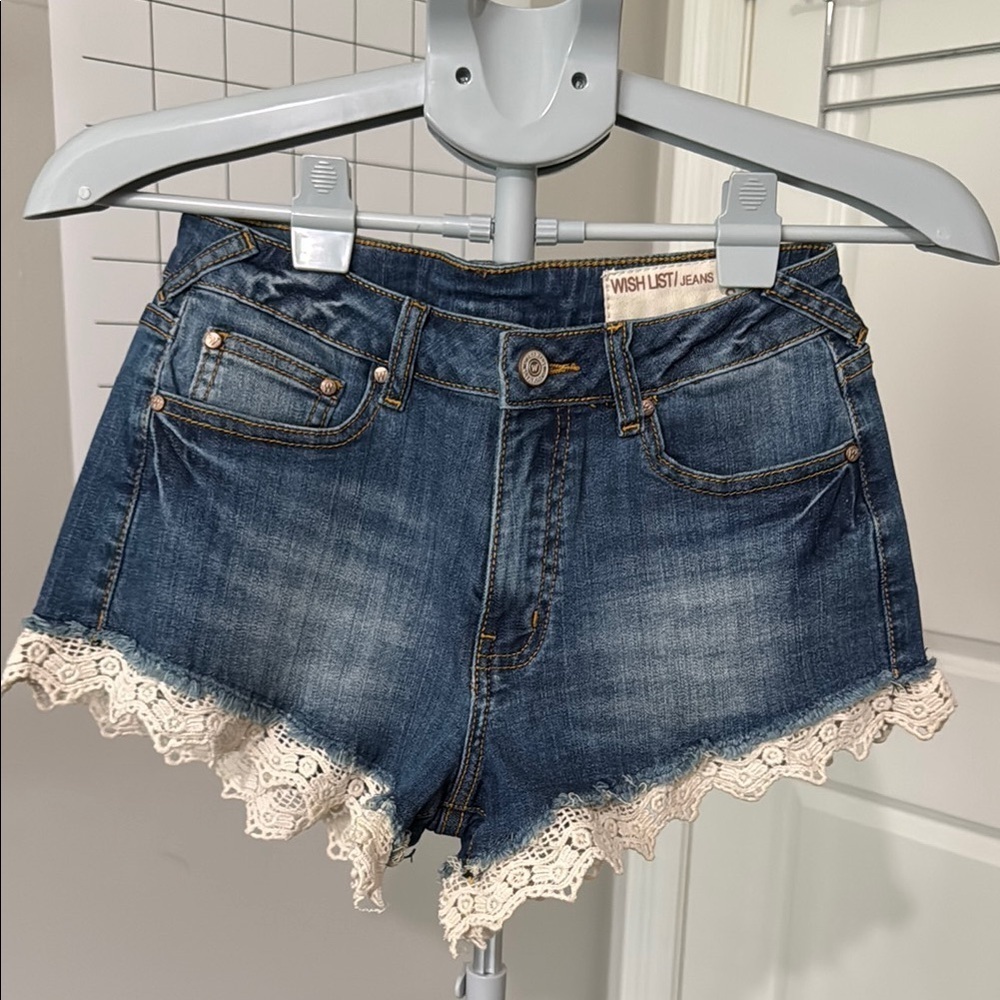 Wishlist Blue and White Lace Daisy Dukes Trim Jean Shorts